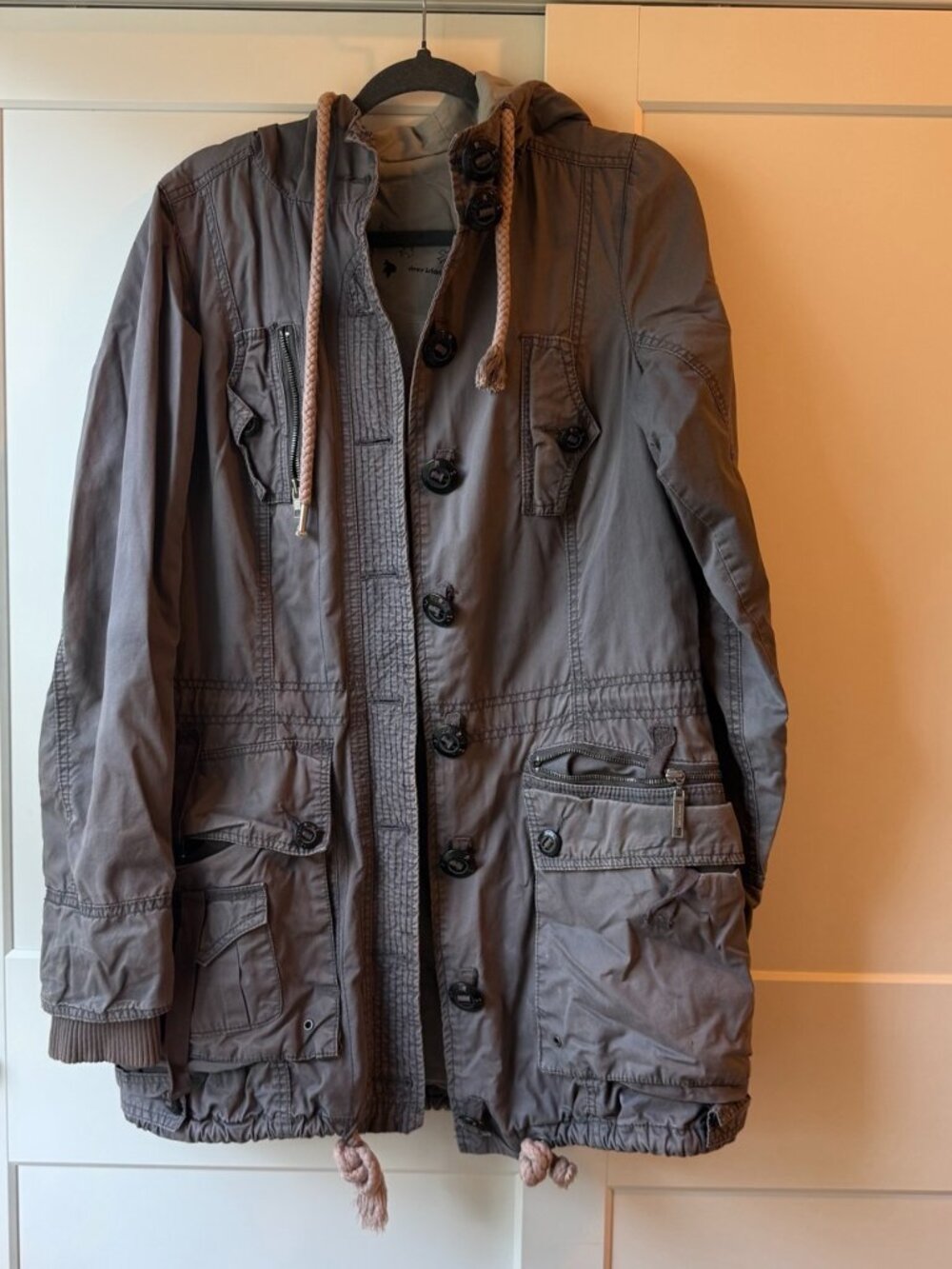 River Island Utility Parka Jacket Khaki Olive Toggle Buttons Hooded